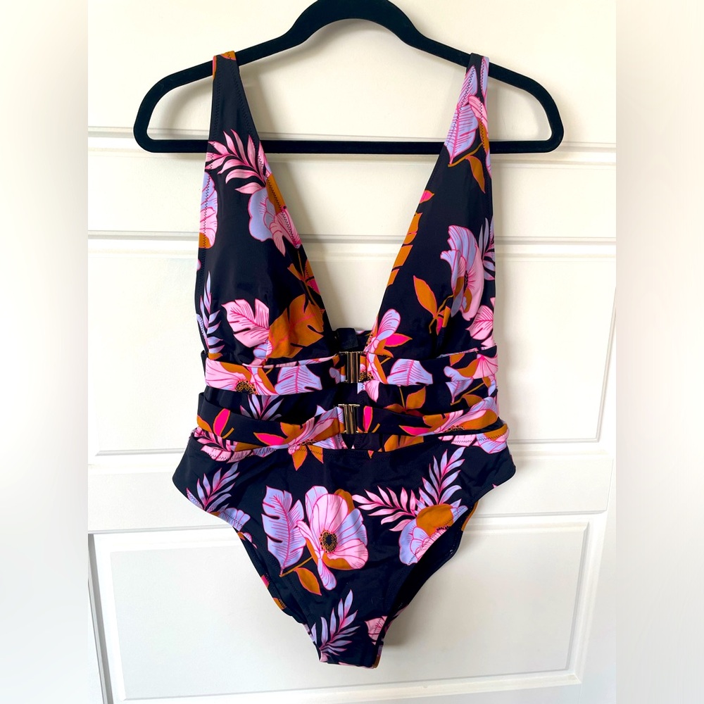 City Chic Black One-Piece Swimsuit with Pink & Orange Floral Print